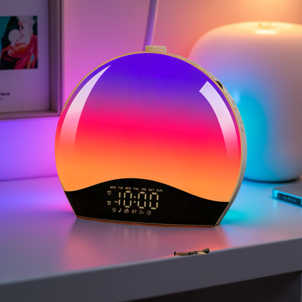 Réveil Lumineux Intelligent avec Simulation de l’Aube & Crépuscule, Enceinte Bluetooth Intégrée, Radio FM et Double Alarme