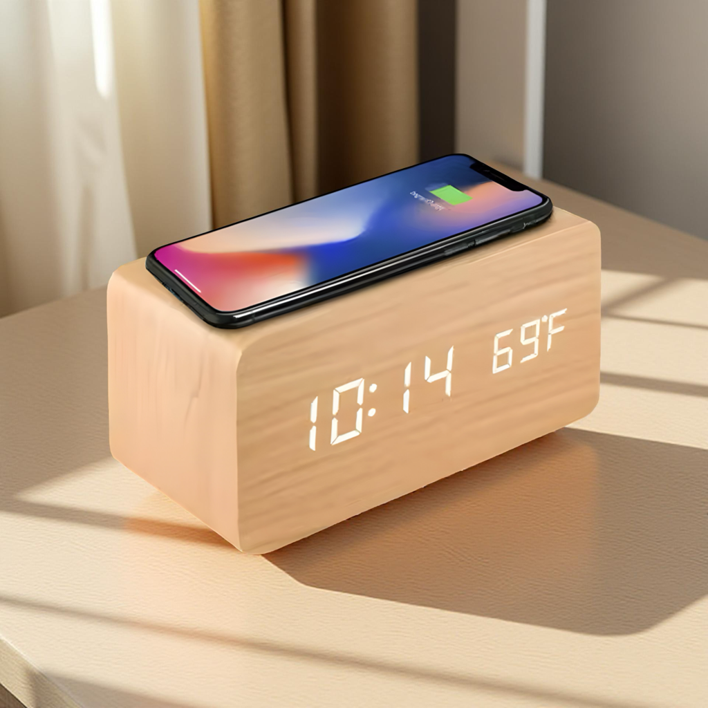 Réveil Numérique en Bois avec Charge Sans Fil – Horloge LED Multifonction avec Affichage de l’Heure, Date et Température – Idéal pour Bureau et Chevet