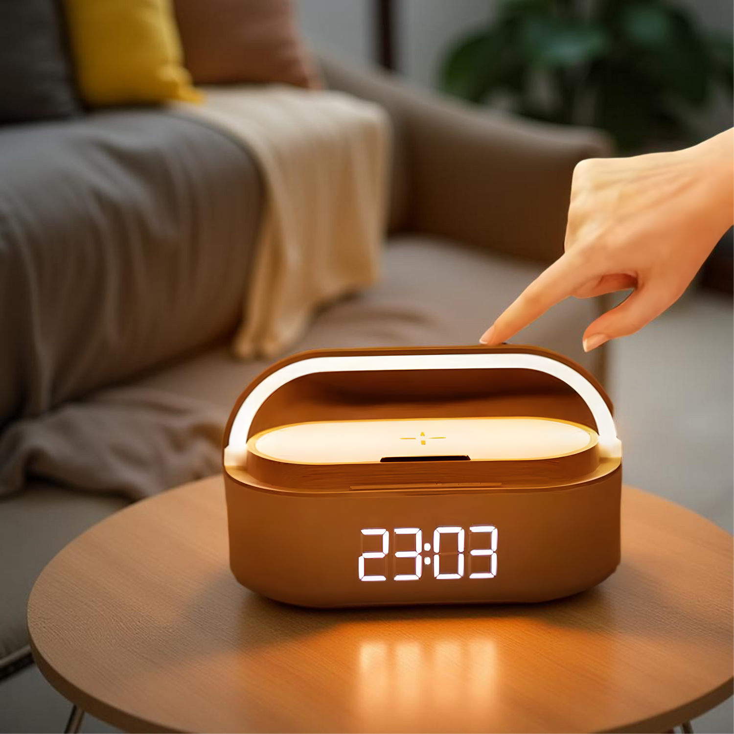 Veilleuse Bluetooth  – Batterie 1800 mAh, Charge Sans Fil 15W, Horloge Digitale avec Affichage LED, Veilleuse et Réveil Intégré