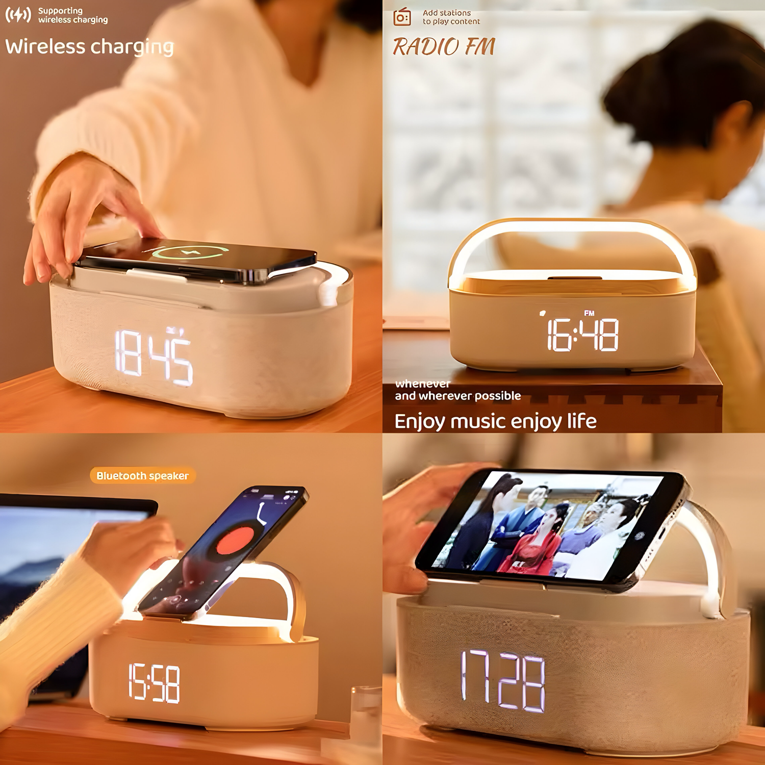 Veilleuse Bluetooth  – Batterie 1800 mAh, Charge Sans Fil 15W, Horloge Digitale avec Affichage LED, Veilleuse et Réveil Intégré