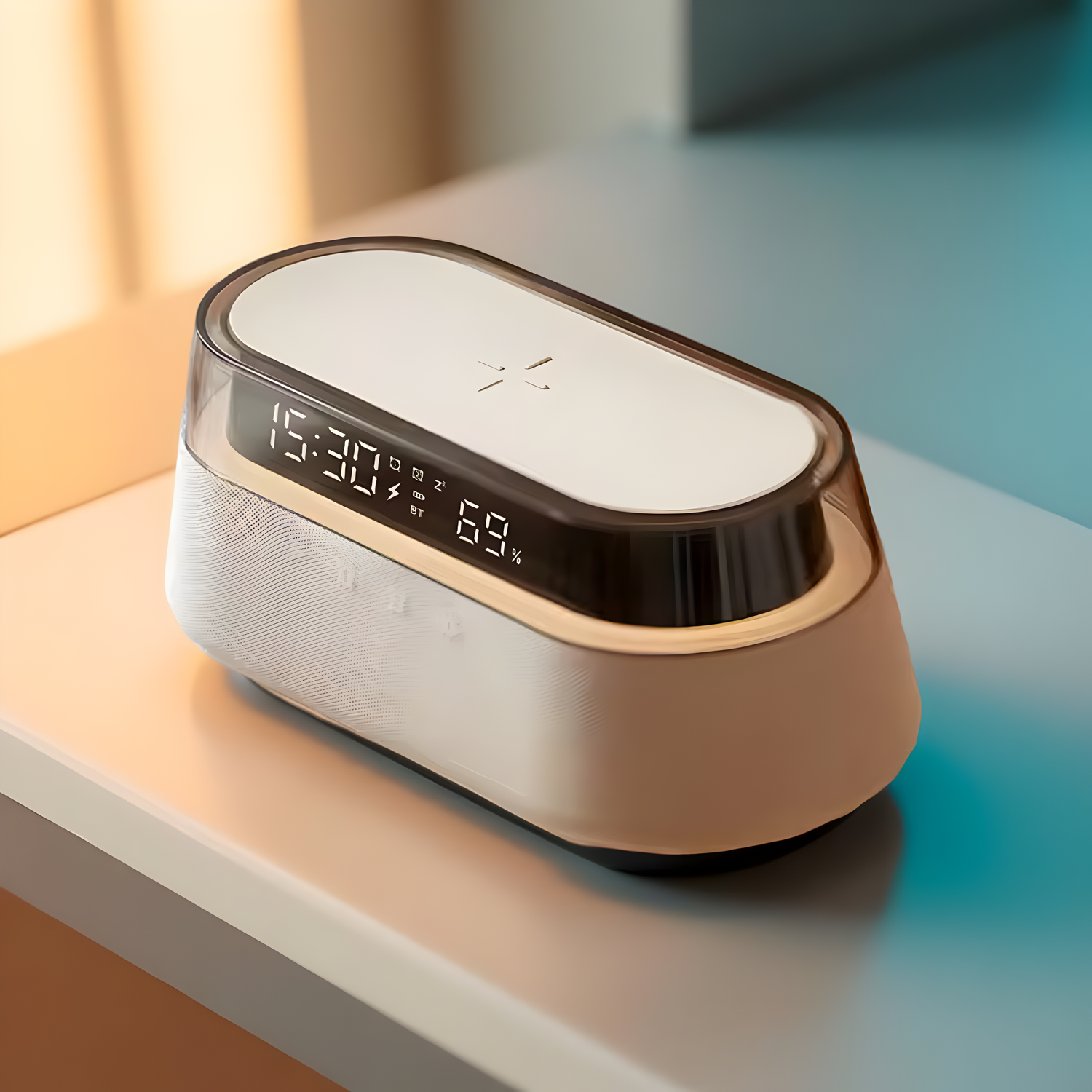 Veilleuse Bluetooth Stéréo – Charge Sans Fil 15W, Horloge LED & Veilleuse