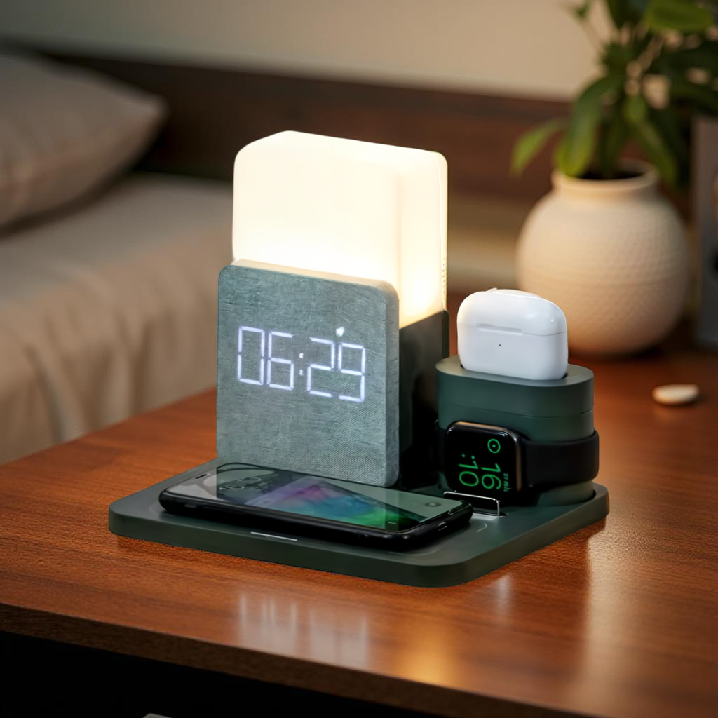 Lampe de chevet multifonctions avec charge rapide, LED, réveil, station de charge sans fil pour montre et écouteurs.