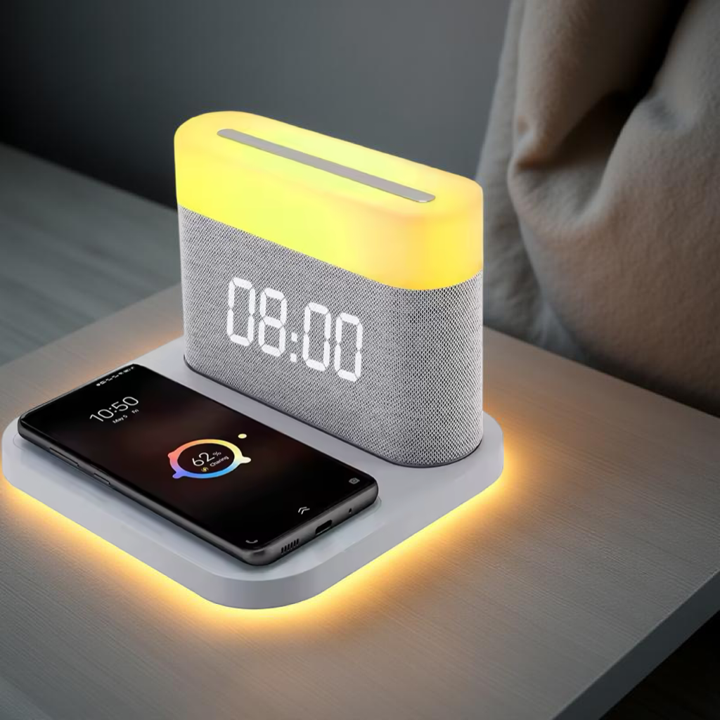 Chargeur sans fil avec réveil numérique, lampe de chevet LED tactile 15W, luminosité réglable, éclairage nocturne à 3 niveaux pour chambre.