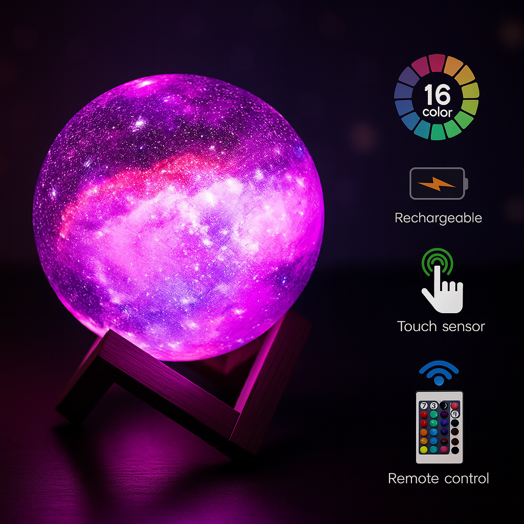 Lampe Lune 3D – 16 Couleurs LED avec Télécommande, Rechargeable pour Chambre et Décoration